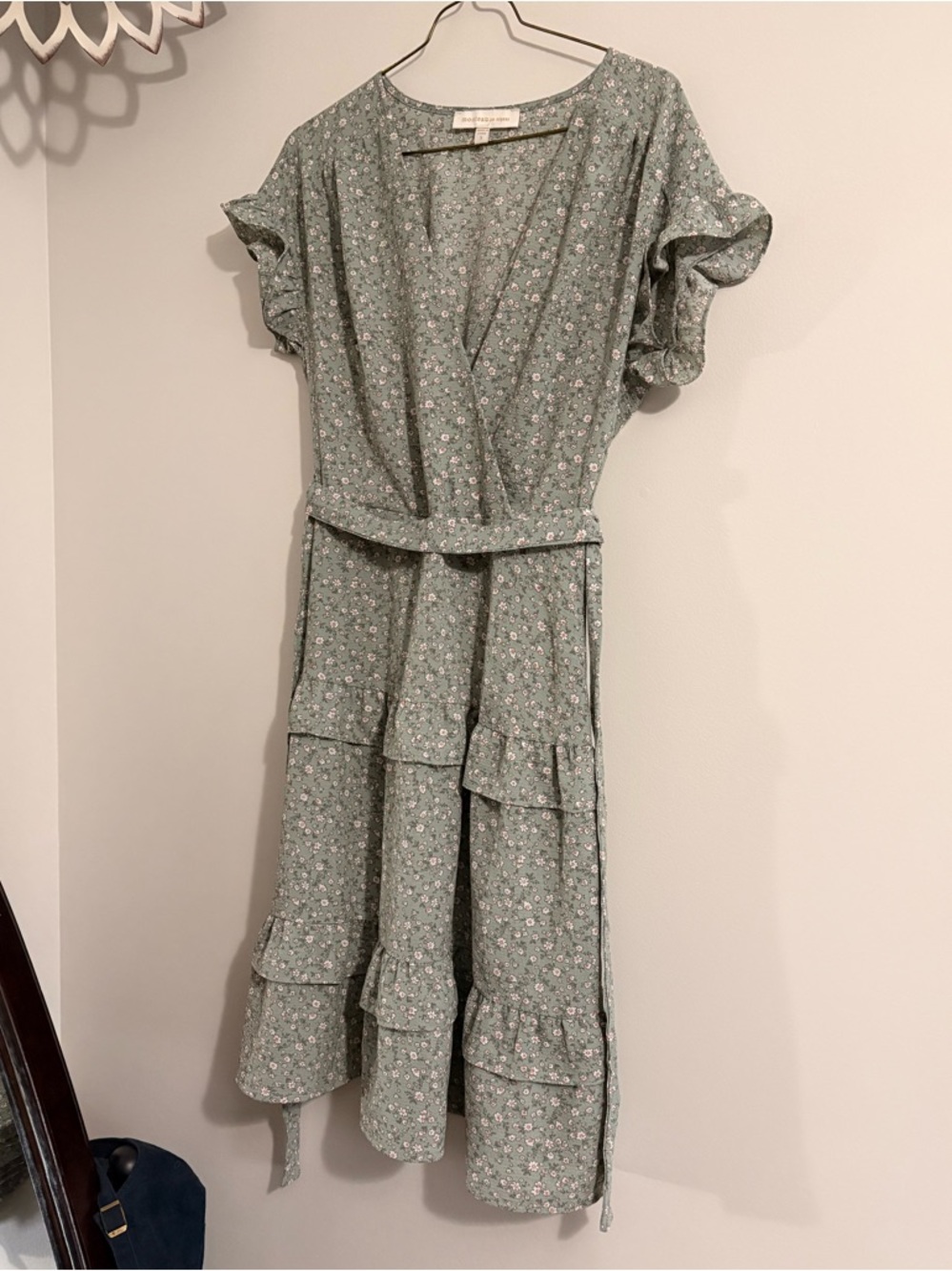 Monteau Sage Green Floral Wrap Midi Dress with Ruffles